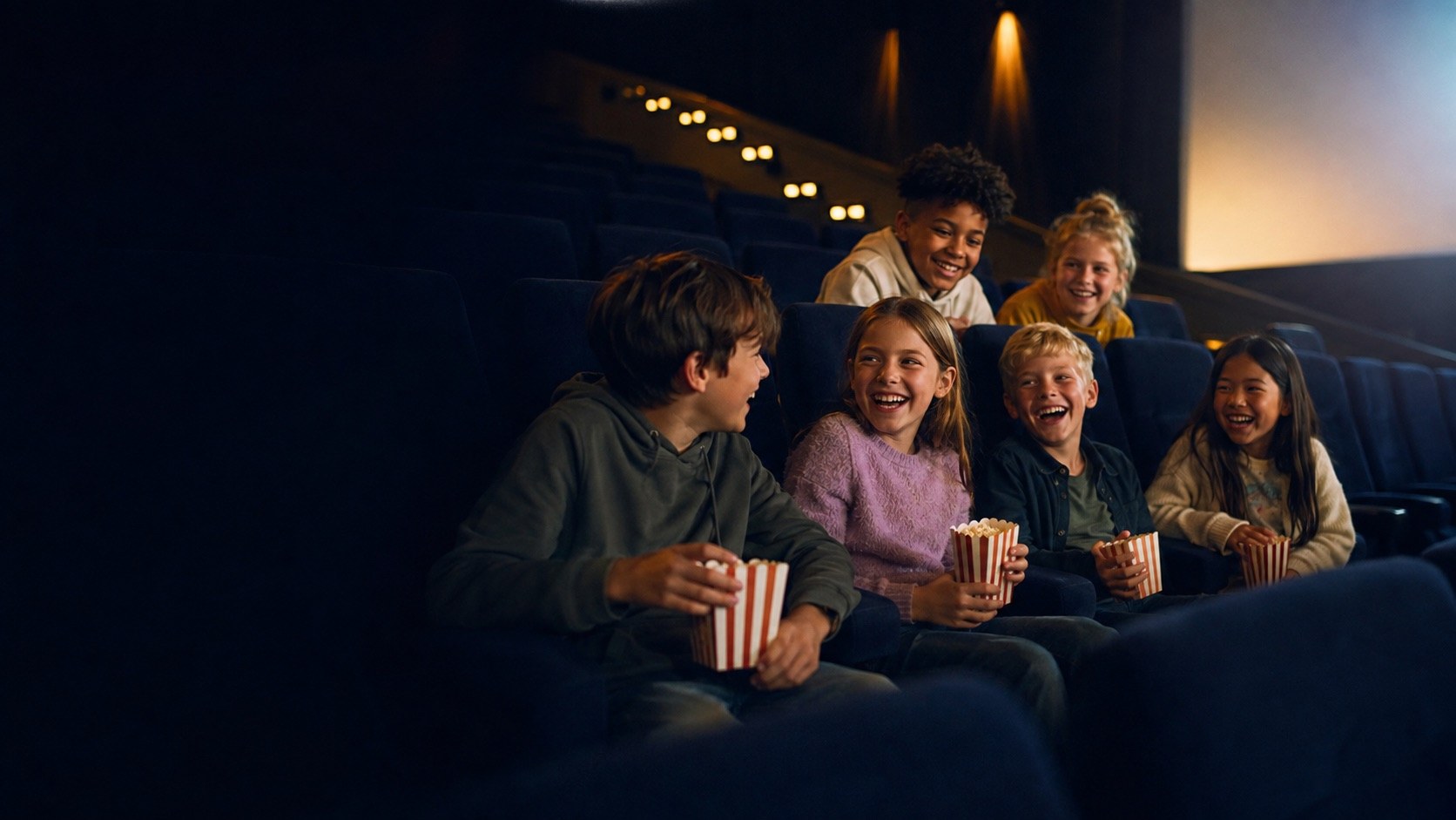 Fröhliche Kindergruppe mit Popcorn in den Kinosesseln der Kulisse Ettlingen