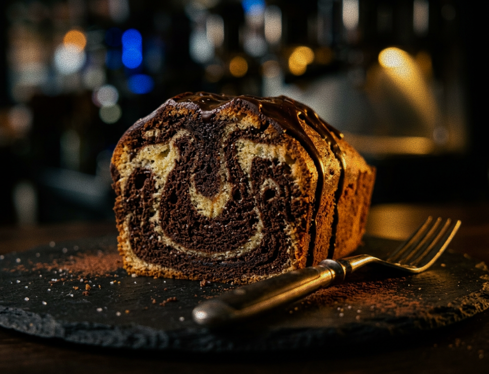 Ein Stück Marmorkuchen mit Schokoladenglasur